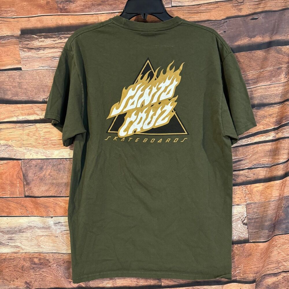Santa Cruz T-Shirt Men's Green L Flaming Triangle Skateboards Cotton Tee